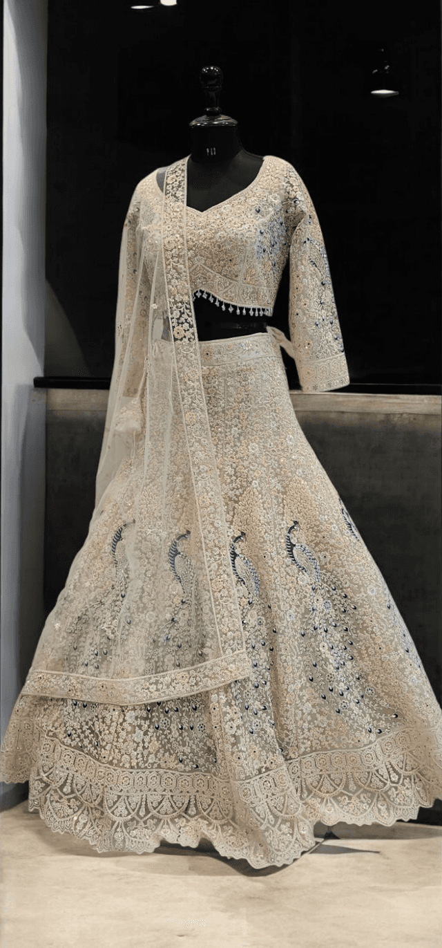 Ivory Zari & Sequin Embellished Designer Lehenga with Peacock Work