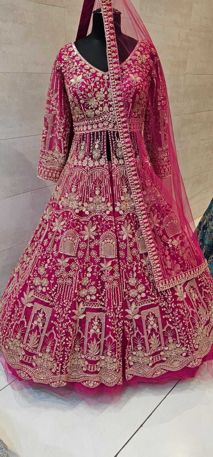 Bridal Heavy Embroidered Lehenga (Zari + Thread Work) in Rani Pink