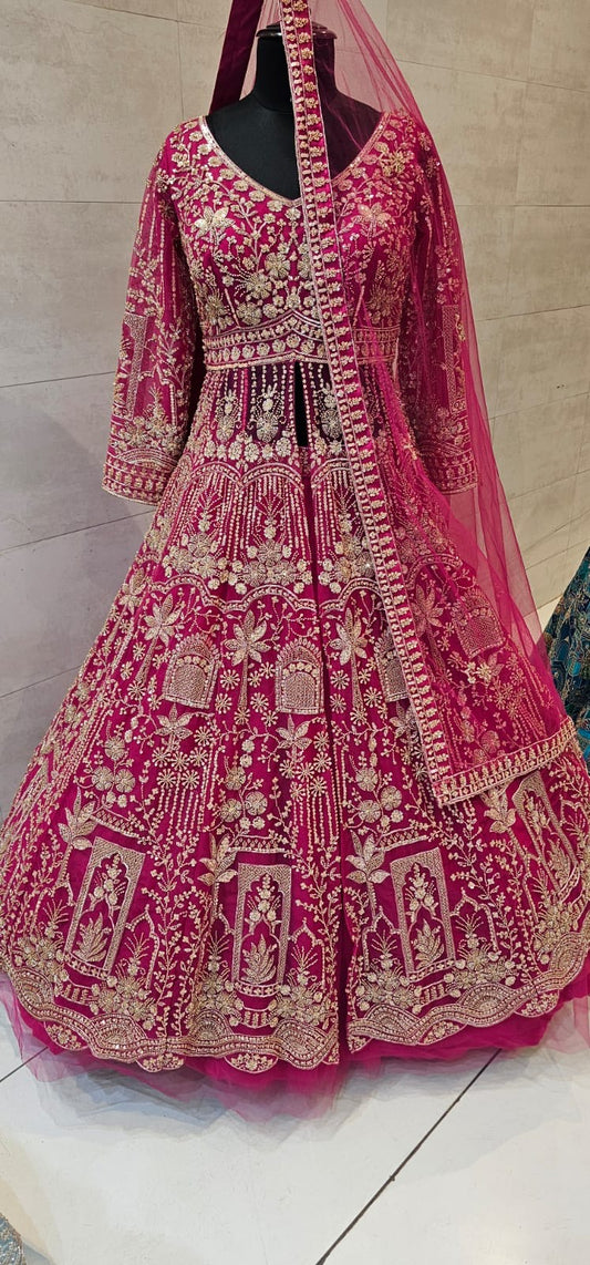 Bridal Heavy Embroidered Lehenga (Zari + Thread Work) in Rani Pink